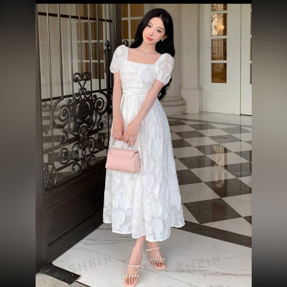 DAZY Texture Jacquard Square Neckline Puff Sleeves Midi Dress w Cinched Waist M - Picture 3 of 15